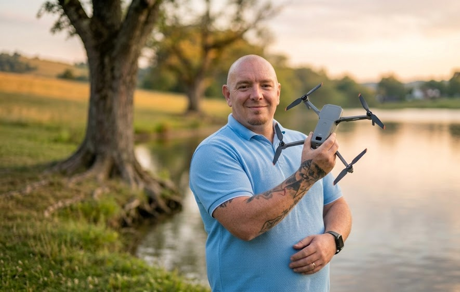 Michał Gołkowski podczas lotu dronem w terenie na Śląsku
